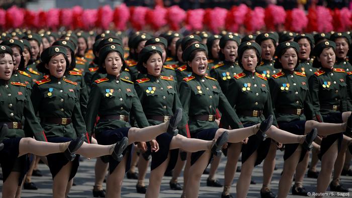 North Korean soldiers march during a military parade marking the 105th birth anniversary of the country's founding father Kim Il Sung in Pyongyang, North Korea