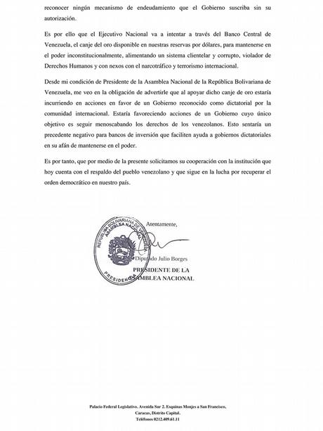 Venezuela Brief vom Parlament an den CEO der Deutschen Bank John Cryan.