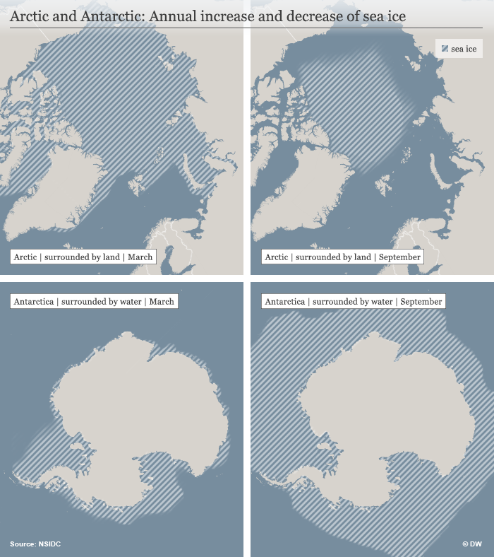 Infografik Arctic and Antarctic: Annual increase and decrease of sea ice ENG