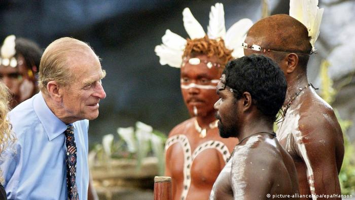 Prince Philip meets with Aborigines at the Tjapukai Aboriginal Culture Park