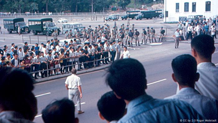 Confrontation between the Hong Kong Police and rioters in Hong Kong, 1967.