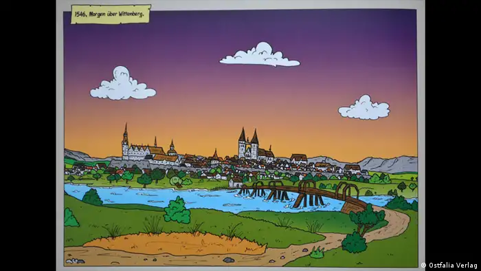 Stadtansicht von Wittenberg aus dem Mittelalter / Bildergalerie Luther-Comics | Zu Tisch bei Luthers in Wittenberg (Ostfalia Verlag)