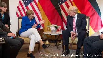G7-Treffen Sizilien German Chancellor Angela Merkel and U.S. President Donald Trump before talks at the G7 summit in Taormina