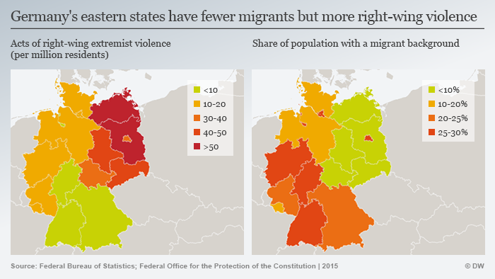 Maps showing right-wing extremism in eastern and western Germany