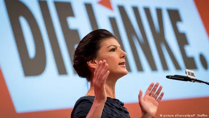 Sahra Wagenknecht speaking at a Left party rally (picture alliance/dpa/P. Steffen)