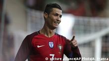 March 28 2017***
Portugal's Cristiano Ronaldo reacts during the international friendly soccer match between Portugal and Sweden at the dos Barreiros stadium in Funchal, Madeira island, Portugal, Tuesday, March 28 2017. (AP Photo/Armando Franca) |