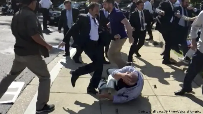 Members of Turkish President Recep Tayyip Erdogan’s security detail are shown violently reacting to peaceful protesters during Erdogan's trip last month to Washington.
