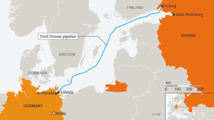 A map showing the route of the Nord Stream 2 pipeline