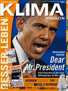 Die undatierte Repro zeigt den Titel der Erstausgabe des Klima Magazins. Hamburger Journalisten haben zusammen mit Wissenschaftlern die erste Publikumszeitschrift auf den Markt gebracht, die sich ausschließlich mit dem Klimawandel befasst. Das alle zwei Monate erscheinende «Klima Magazin» hat eine Startauflage von knapp 100?000 Stück, die Premierenausgabe erscheint an diesem Montag (17.11.2008). Die Titelgeschichte behandelt die Rolle des künftigen US-Präsidenten Barack Obama als Hoffnungsträger für den Kampf gegen den Klimawandel. Repro: Klima-Magazin +++(c) dpa - Bildfunk+++
