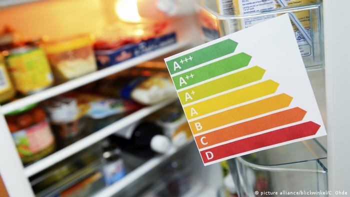 Picture of an energy-efficiency label shown in front of an open refrigerator