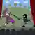 Карикатура: На сцене театра разворачивается действие, по ходу которого дворянин, атакованный спецназовцем с дубинкой, роняет шпагу из рук и вот-вот сам упадет.