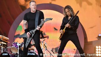 James Hetfield, left, and Kirk Hammett of Metallica perform at the 2016 Global Citizen Festival in Central Park