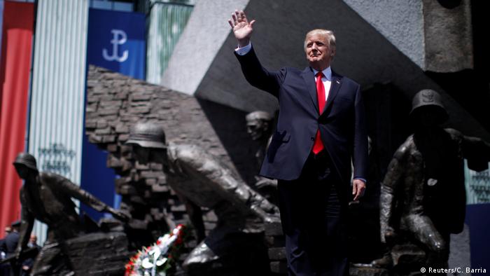 U.S. President Donald Trump waves as he arrives to hold a public speech in front of the Warsaw Uprising Monument at Krasinski Square, in Warsaw, Poland July 6, 2017.