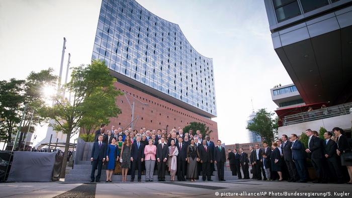 G20 leaders take part in the group photo at Hamburg's Elbphilharmonie