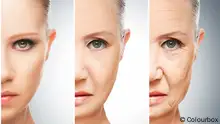 concept of aging and skin care. face of young woman and an old woman with wrinkles