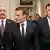 BM destekli hükümetin başbakanı Fayiz el-Sarac, sağda, Fransa Cumhurbaşkanı Emmanuel Macron, ortada, ve ülkenin doğusunu kontrol eden Mısır destekli Halife Kasım Haftar