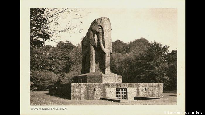 Postcard of the former Colonial Memorial in Bremen, before 1945, from The Blind Spot exhibition in Kunsthalle Bremen (VG Bild-Kunst)