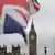 British flags in front of the now-silent Big Ben 