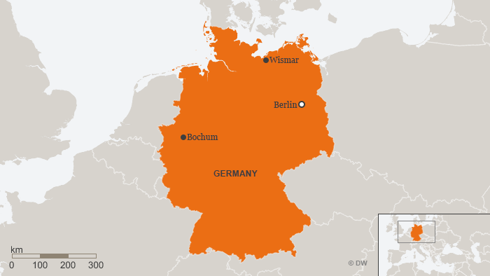 A map of Germany showing Wismar, Bochum and Berlin