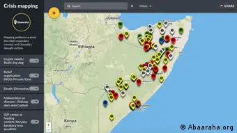 Screenshot of website with map of Somalia indicating drought-related incidents 