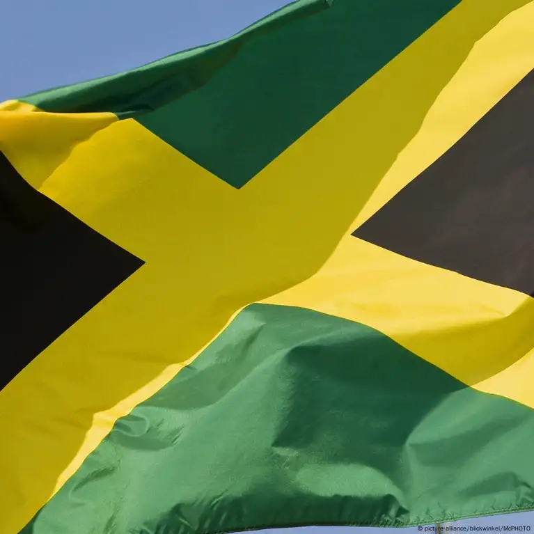 Die österreichische Fahne weht im Wind vor blauem Himmel. Flagge