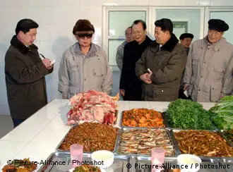 在朝鲜中新社2009年3月1日发布的这张照片上，金正日正在视察满浦市的一个餐厅