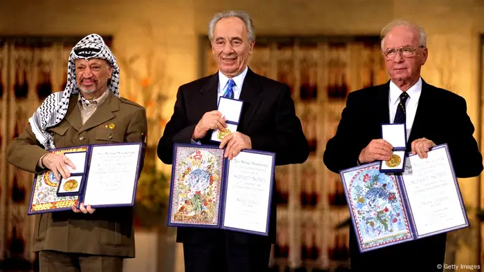 Israeli Prime Minister Yitzak Rabin, Israeli Foreign Minister Shimon Peres and Palestinian leasder Yaser Arafat, the joint Nobel Peace Prize winners for 1994, in Olso, Norway