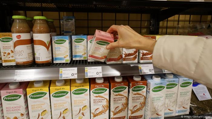 Rack with soy products in a German supermarket