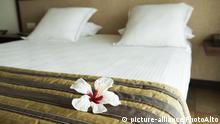 White hibiscus flower head on neatly made bed in hotel room | Verwendung weltweit, Keine Weitergabe an Wiederverkäufer.