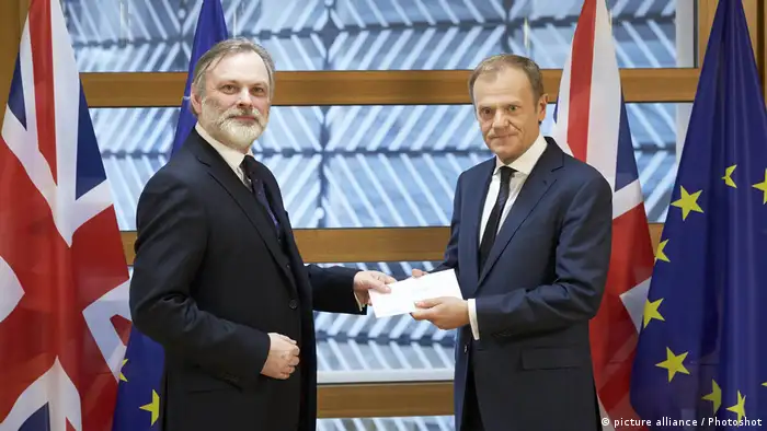 British ambassador to the EU, Tim Barrow, hands over letter to EU Council President Donald Tusk on Britain triggering Article 50 to leave the EU.