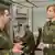 Lieutenant Colonel Anastasia Biefang (r) speaks with a fellow soldier at the barracks in Stokow, Germany