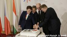 Prime Ministers of Czech Republic Bohuslav Sobotka, 2nd right, Poland Beata Szydlo, left, Hungary Viktor Orban, 2nd left, and Slovakia Robert Fico, right, join hands to cut a cake to celebrate 25th anniversary of the establishment of the Visegrad group prior a Summit of the V4 Prime Ministers with Prime Minister of Bulgaria and the President of Macedonia in Prague, Czech Republic, Monday, Feb. 15, 2016. (AP Photo/Petr David Josek) |