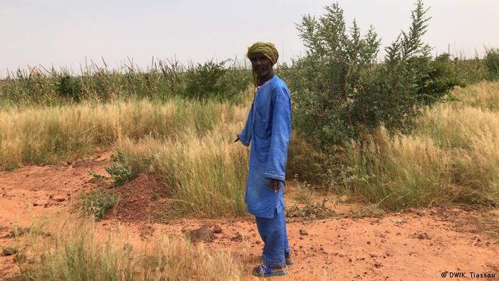 Man stands in a dusty field and points to crops