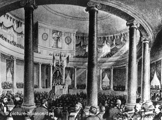 Zeichnung: Debatte der Nationalversammlung in der Paulskirche (Foto: dpa)