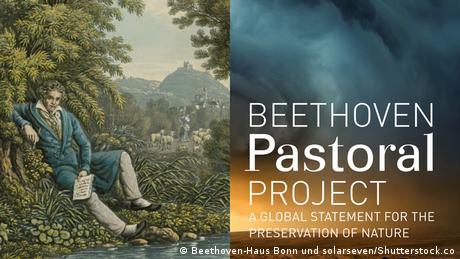 Title page of the brochure to the Beethoven Pastoral Project with Beethoven at brookside and a cloudy sky