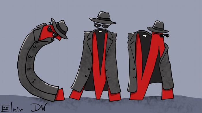 Карикатуа Сергея Елкина на тему СМИ-иностранных агентов: слово СМИ, где каждая буква одета в черный плащ, черные очки и черную шляпу.
