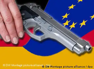 A hand rests on a pistol, superimposed over German and EU flags