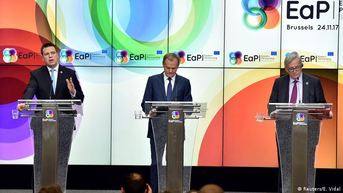 Юри Ратас, Дональд Туск и Жан-Клод Юнкер на саммите Восточного партнерства