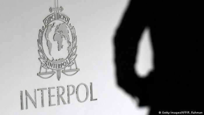 Interpol's logo at the Interpol Global Complex for Innovation building in Singapore