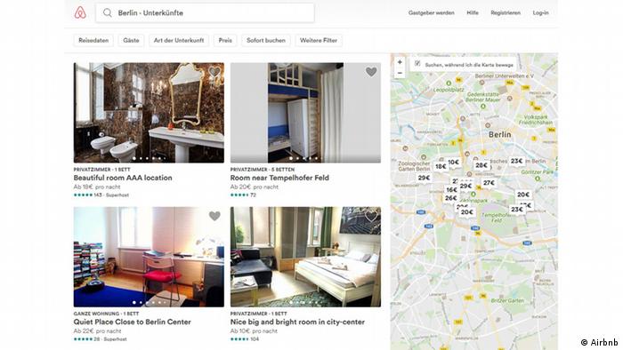 Screenshot der Website Airbnb