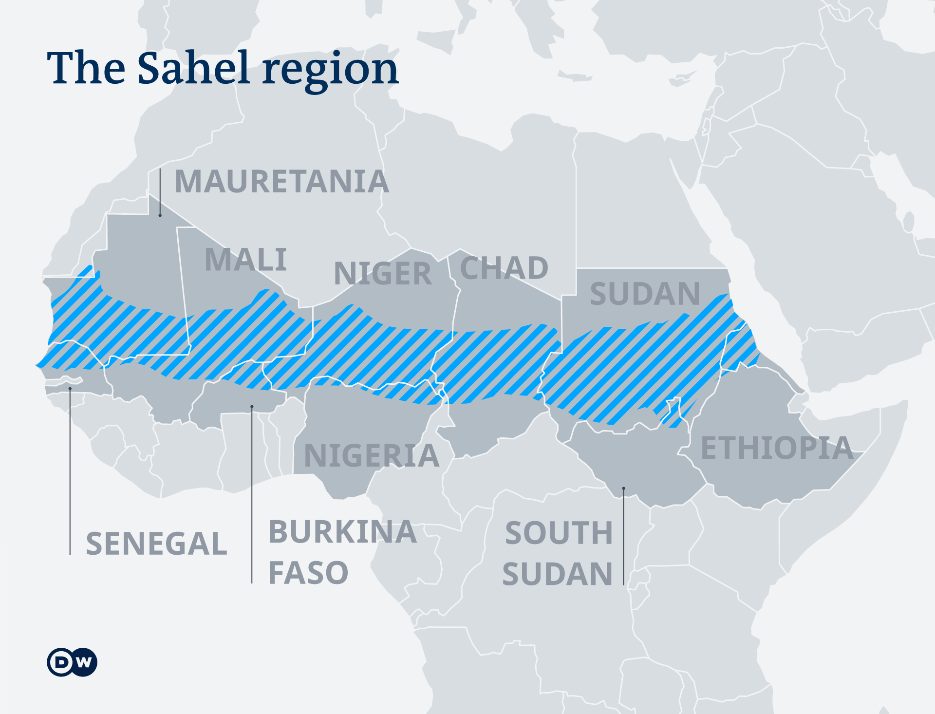 A map showing the countries within the Sahel region