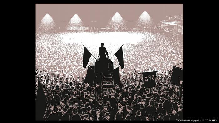 Zeichnung aus dem Band Es wird Nacht im Berlin der Wilden Zwanziger mit Szene in Sportpalast, Redner vor großer Menge (Robert Nippoldt © TASCHEN)