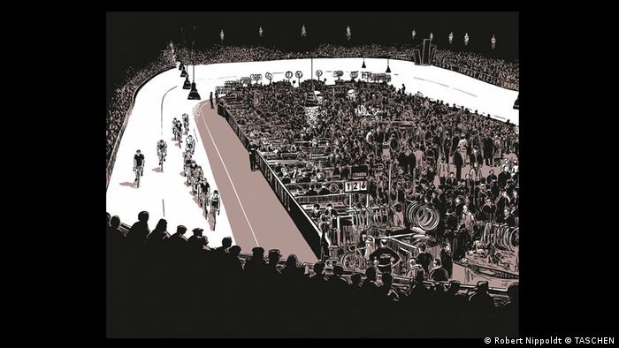 Zeichnung aus dem Band Es wird Nacht im Berlin der Wilden Zwanziger mit Szene im Sportpalast mit Radrennen. (Robert Nippoldt © TASCHEN)