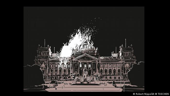 Zeichnung aus dem Band Es wird Nacht im Berlin der Wilden Zwanziger mit Bild des brennenden Berliner Reichstags. (Robert Nippoldt © TASCHEN)