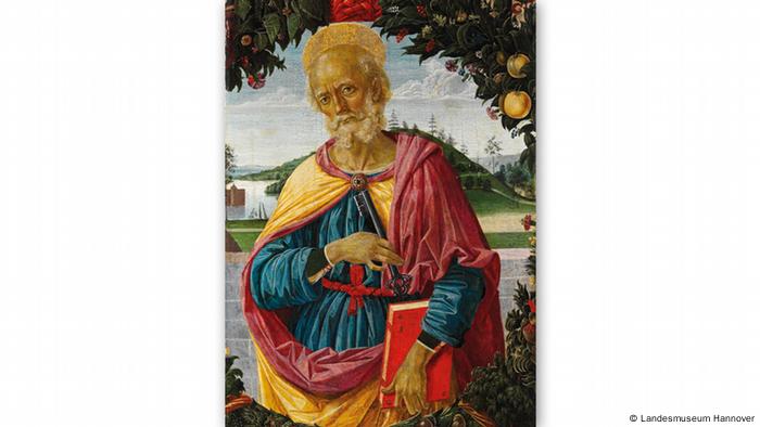 Painting by Pietro Perugino Saint Peter against the background of a wreath of fruit