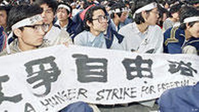 University students sit in Tiananmen Square on Saturday, May 13, 1989 in Beijing on a hunger strike for freedom and democracy. The students vow to sit until the arrival of Soviet leader Mikhail Gorbachev on Monday. (AP Photo)
