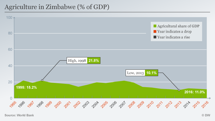 A chart showing the percentage of GDP accounted for by agriculture in Zimbabwe