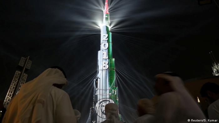 Burj Khalifa is lit up during the new year celebrations in Dubai, UAE