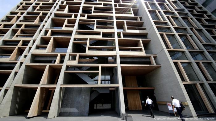 A wooden building in geometric shapes