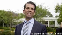 In this April 17, 2017 file photo, Donald Trump Jr., the son of President Donald Trump, speaks to media on the South Lawn of the White House in Washington. Donald Trump Jr.'s scheduled visit to Capitol Hill on Thursday marks a new phase in the Senate investigation of Moscow's meddling in the 2016 election and a meeting that the president's eldest son had with Russians during the campaign. Staff from the Senate Judiciary Committee _ one of three congressional committees conducting investigations _ plan to privately interview the younger Trump. (AP Photo/Carolyn Kaster) |